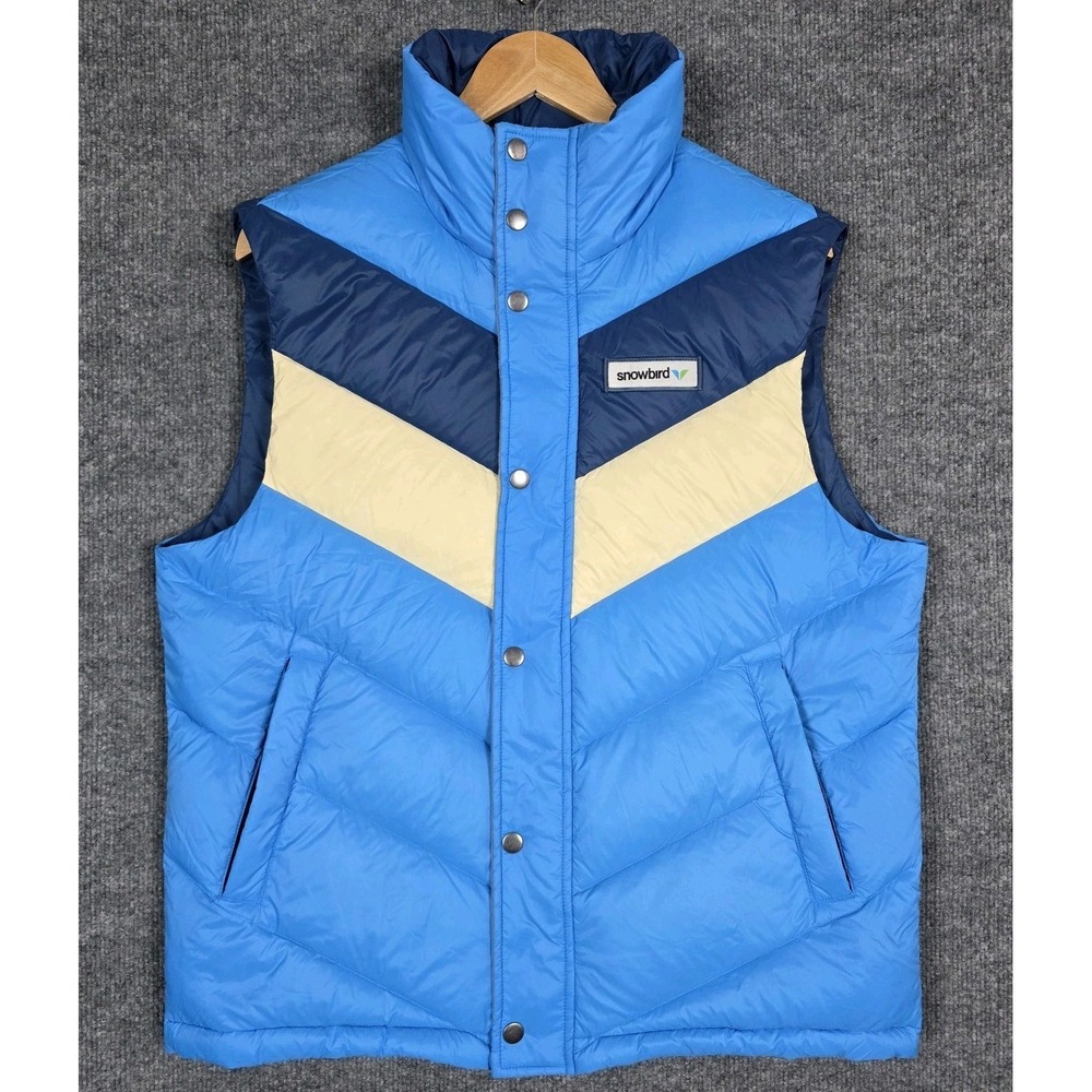 Snowbird 50th Anniversary Down Vest Mens Medium Blue Chevron Puffer Retro Stripe
